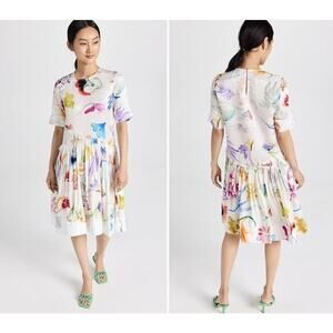 NWD ROSIE ASSOULIN Ebbs and Flows gathered floral linen mini dress Size 2 #2A501